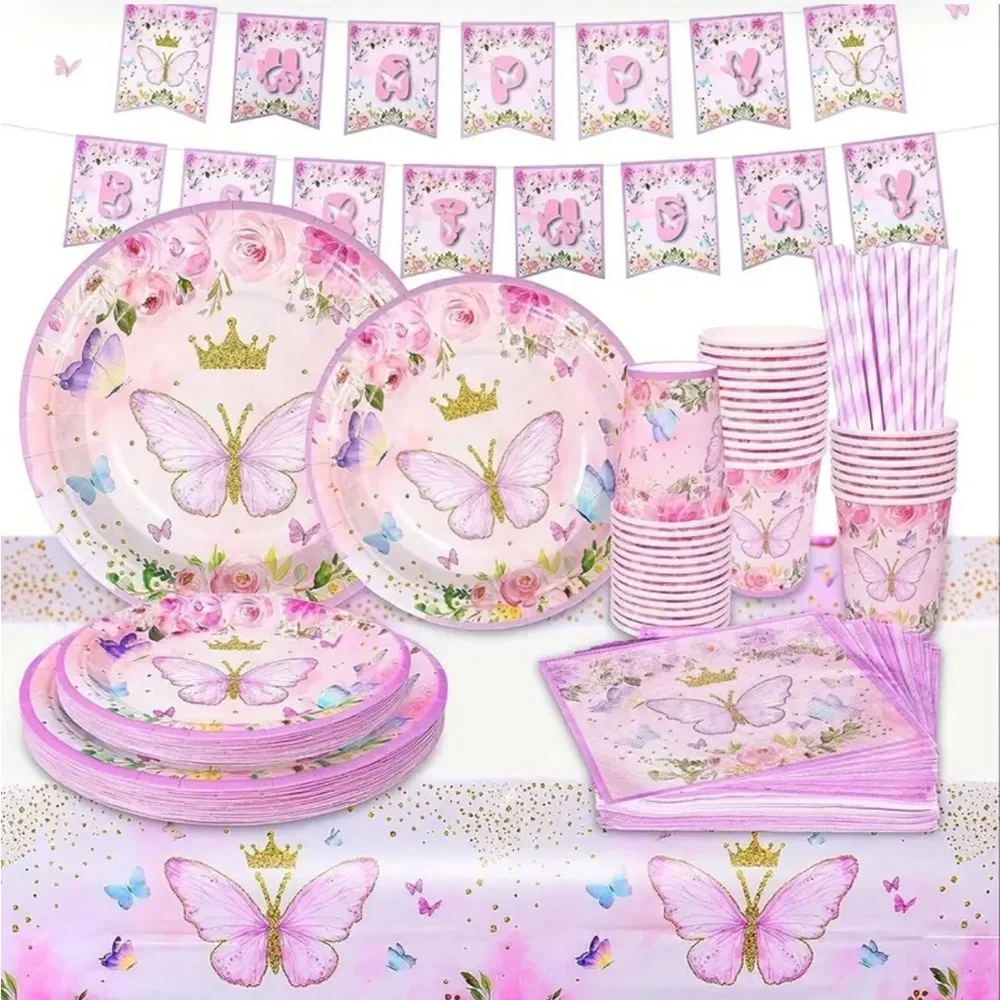 Pink Sparkle Butterfly Themed Birthday Party Tableware + Banner, Set of 102 pcs